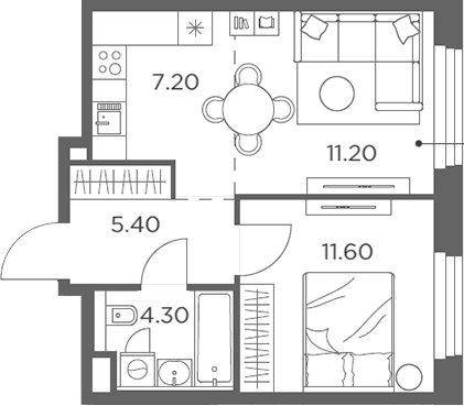 2-комн., 39.7 м², 3/23 этаж, ЖК «Белый Град»