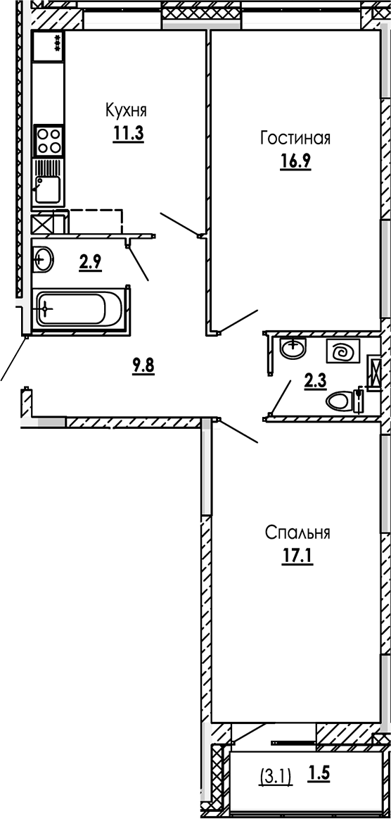 2-комн., 60.3 м², 1/12 этаж, ЖК «Малиново»