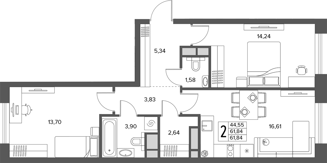 3-комн., 61.84 м², 6/14 этаж, ЖК «Городской бор»