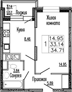 1-комн., 34.2 м², 6/9 этаж, ЖК «Клевер»