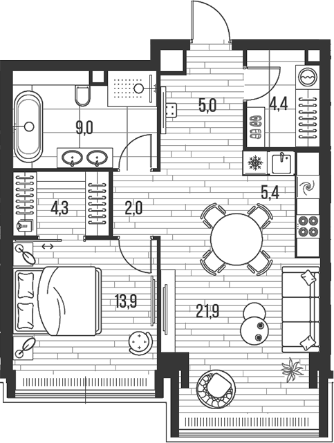 2-комн., 65.9 м², 41/47 этаж, ЖК «HIGH LIFE»