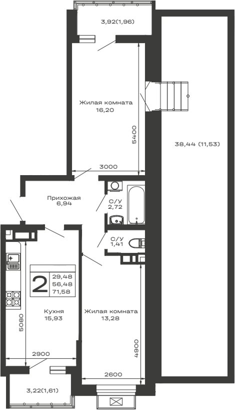 2-комн. квартира, 56.48 м² в ЖК Долина — фото 2