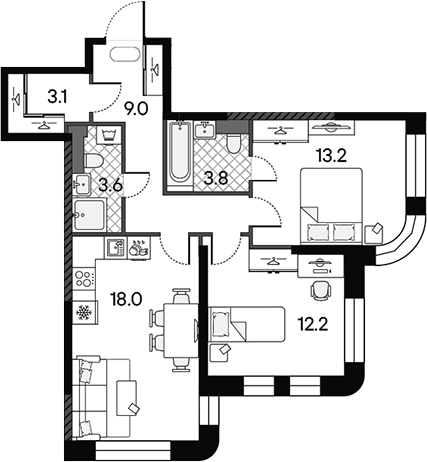 3-комн., 62.9 м², 8/18 этаж, ЖК «МАРК»