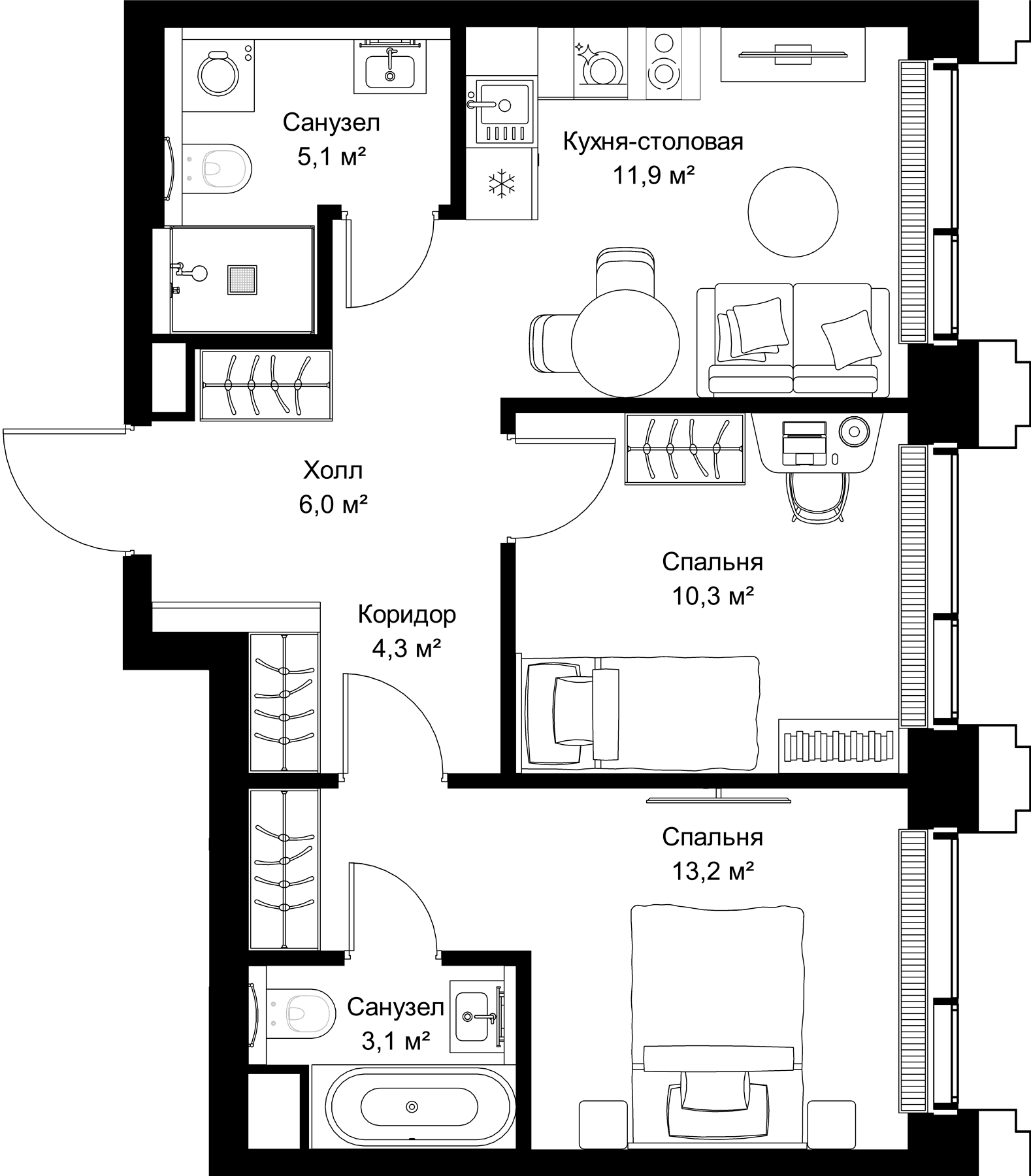 3-комн., 53.9 м², 6/45 этаж, ЖК «СЕТ»
