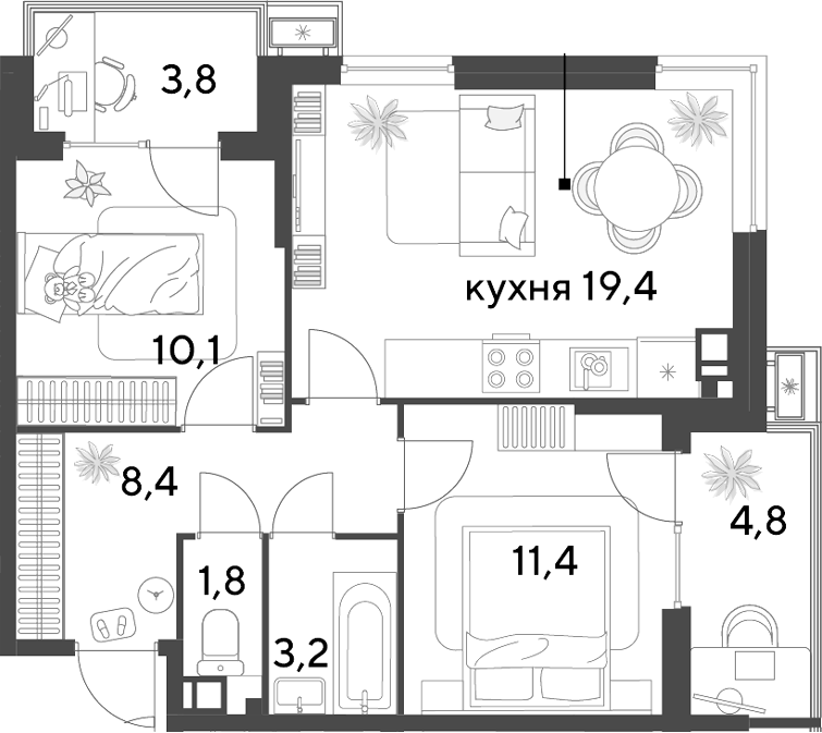 3-комн. квартира, 54.3 м² в ЖК Парк Победы — фото 2