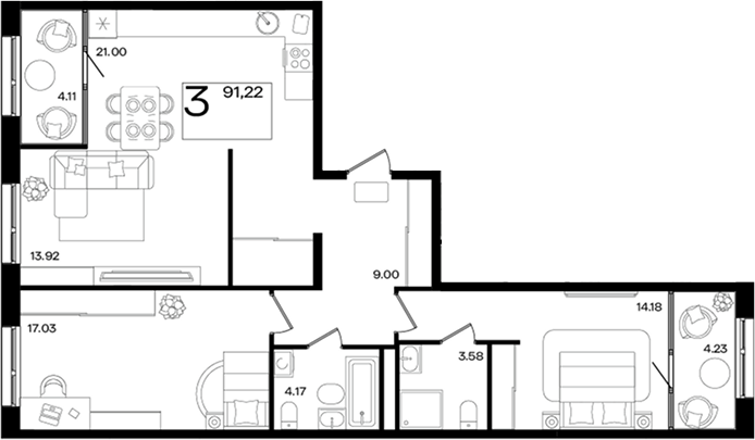 3-комн. квартира, 86.95 м² в ЖК Патрики — фото 2