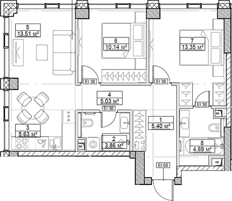 3-комн., 61.61 м², 14/48 этаж, ЖК «Сити Бэй»