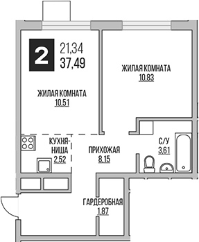 2-комн., 37.49 м², 14/14 этаж, ЖК «Гранель Аникеевский»