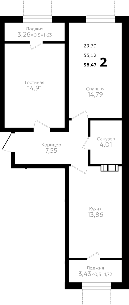 2-комн., 55.12 м², 14/16 этаж, ЖК «Твин парк»