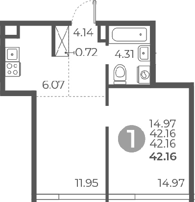 2-комн., 42.16 м², 19/27 этаж, ЖК «Мневники от Гранель»
