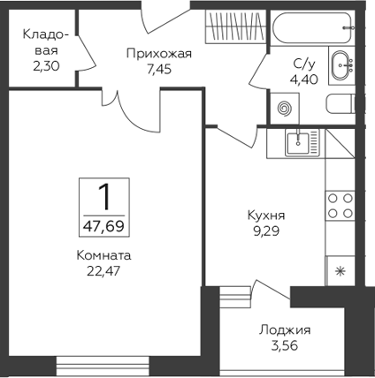 1-комн., 45.91 м², 7/19 этаж, ЖК «Пахра Сити»