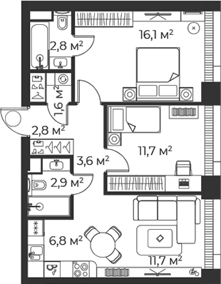 3-комн., 60.1 м², 2/38 этаж, ЖК «Веер»