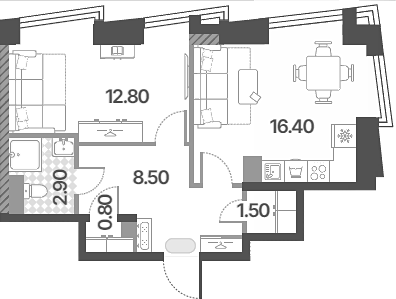 2-комн., 42.9 м², 54/58 этаж, ЖК «Обручева 30»