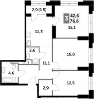 3-комн., 75.1 м², 2/43 этаж, ЖК «Сидней Сити»