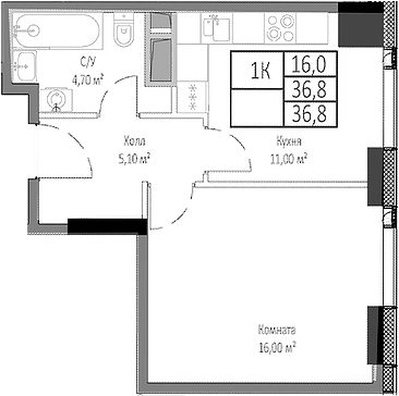 1-комн., 36.8 м², 15/35 этаж, ЖК «Мираполис»