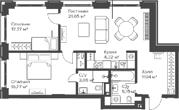 3-комн., 73.05 м², 12/15 этаж, ЖК «Сити Бэй»