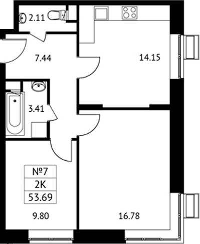 2-комн., 53.69 м², 2/11 этаж, ЖК «Новотомилино»