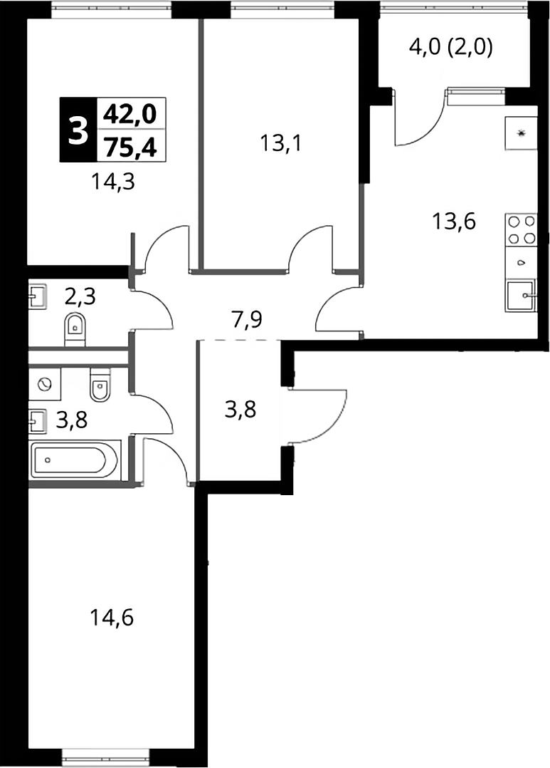 3-комн., 73.4 м², 2/9 этаж, ЖК «1-й Ясеневский»