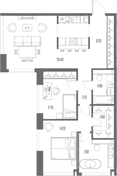 2-комн., 83.5 м², 17/20 этаж, ЖК «Северный Порт»