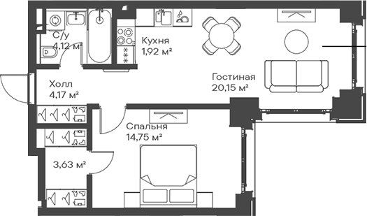 2-комн., 48.74 м², 7/15 этаж, ЖК «Сити Бэй»