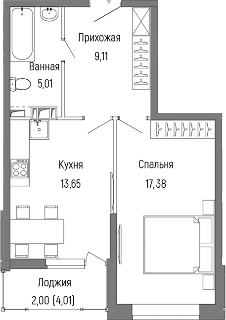 1-комн., 45.16 м², 9/9 этаж, ЖК «Рига Хиллс»