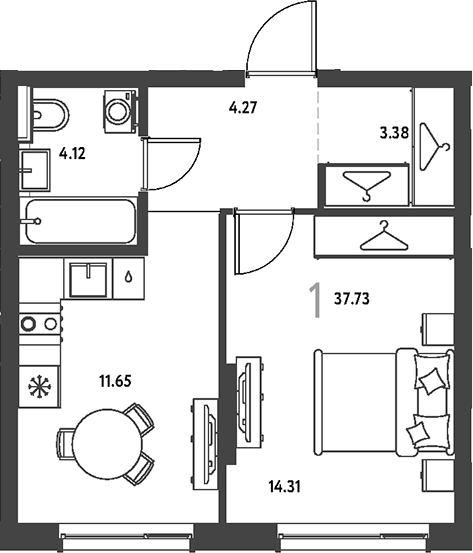 1-комн., 37.73 м², 10/16 этаж, ЖК «Страна.Парковая»