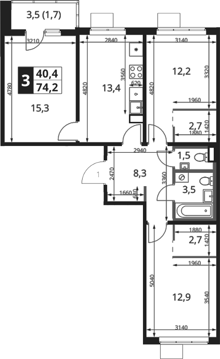 3-комн., 72.5 м², 6/18 этаж, ЖК «1-й Ясеневский»