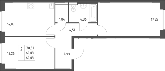 2-комн., 60.03 м², 7/13 этаж, ЖК «Новое Видное»