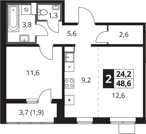 2-комн., 46.7 м², 21/25 этаж, ЖК «1-й Южный»