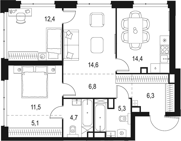 3-комн., 81.1 м², 5/31 этаж, ЖК «Левел Мичуринский»