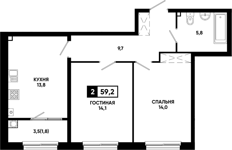2-комн., 57.4 м², 2/18 этаж, ЖК «Резиденция Софи»