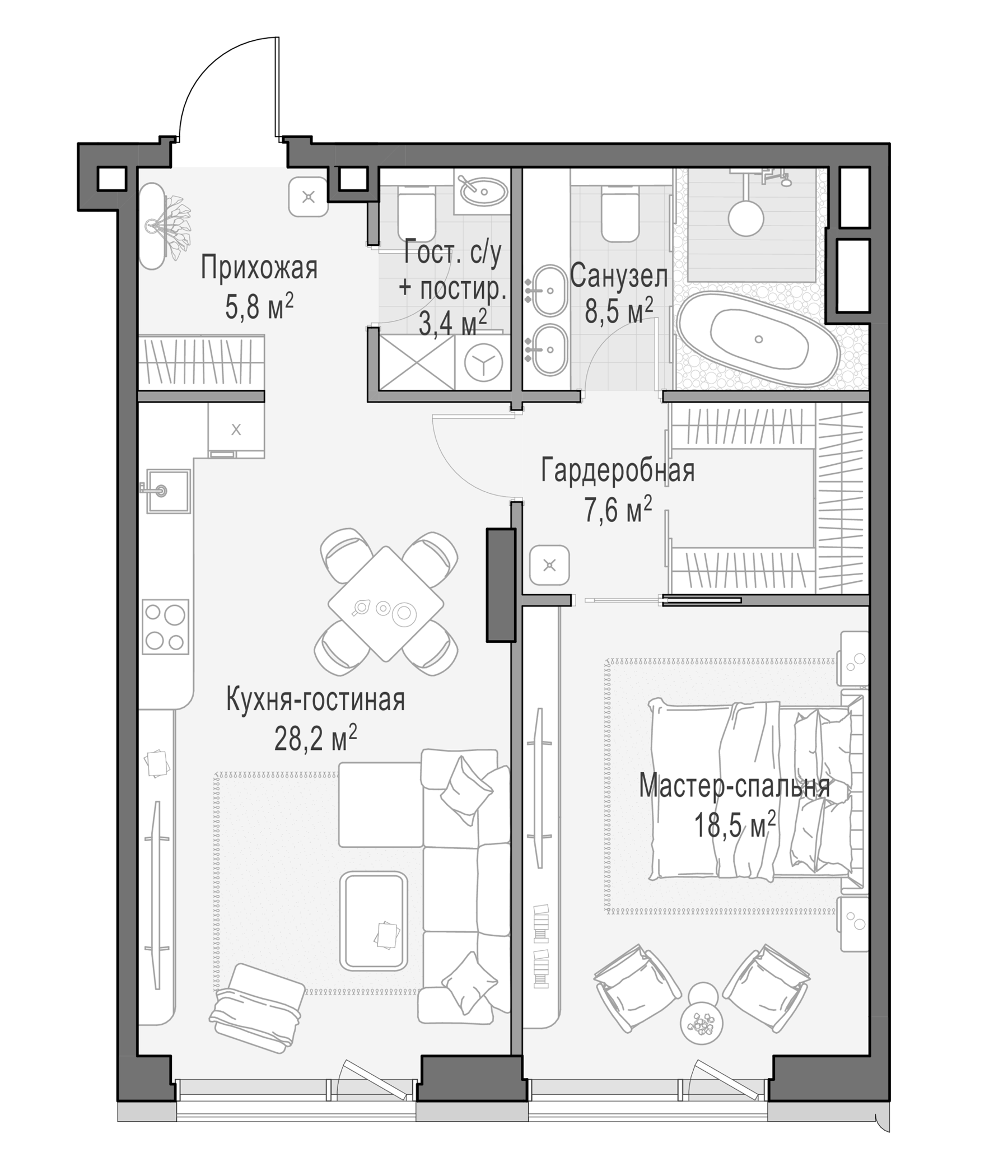 2-комн., 72.4 м², 7/8 этаж, ЖК «Дом Палашевский 11»