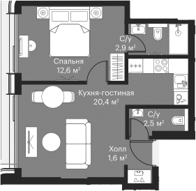 2-комн., 38.9 м², 48/53 этаж, ЖК «Сити Бэй»