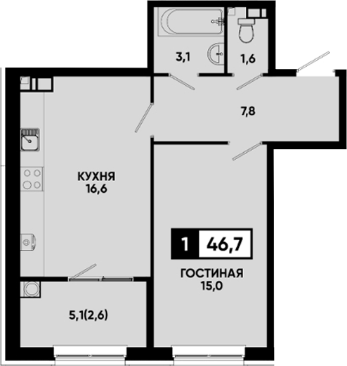 Продается 1-комн. квартира, 44.1 м²