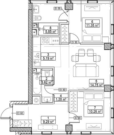3-комн., 61.51 м², 9/48 этаж, ЖК «Сити Бэй»