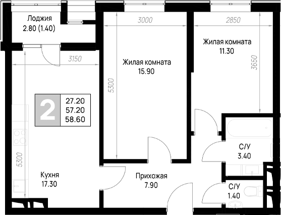 2-комн., 57.2 м², 8/9 этаж, ЖК «На высоком берегу»