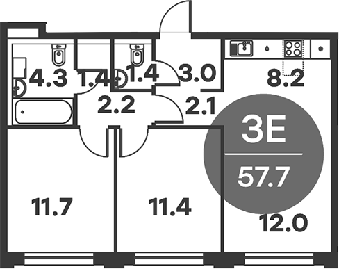 3-комн., 57.7 м², 5/6 этаж, ЖК «Равновесие»