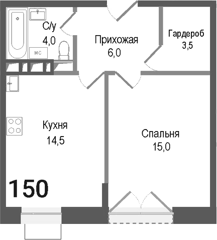 1-комн., 43 м², 2/8 этаж, ЖК «Киноквартал»