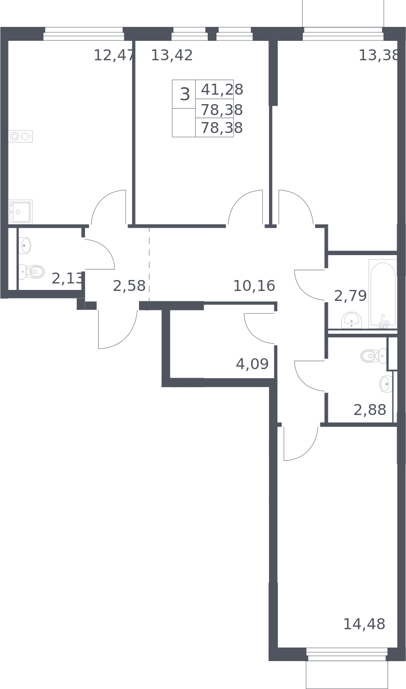 3-комн., 78.38 м², 13/15 этаж, ЖК «Пригород Лесное»