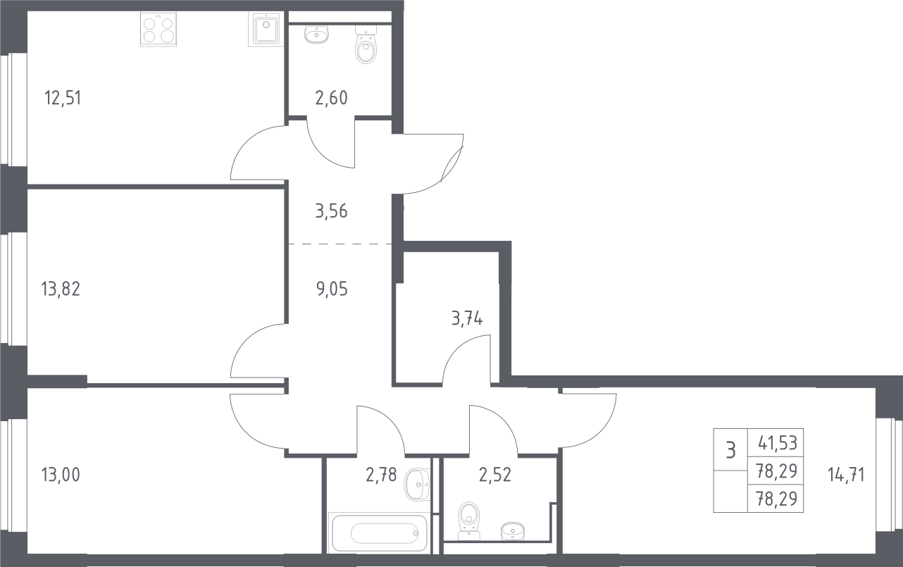 3-комн., 78.29 м², 7/11 этаж, ЖК «Богдановский лес»