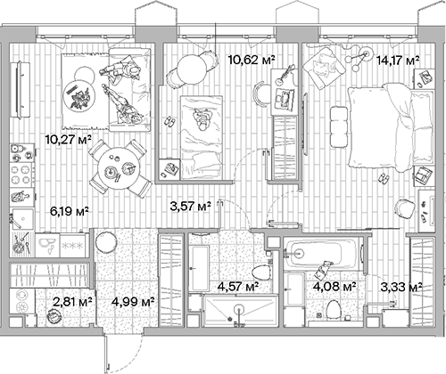 3-комн., 64.6 м², 10/12 этаж, ЖК «МЫС»