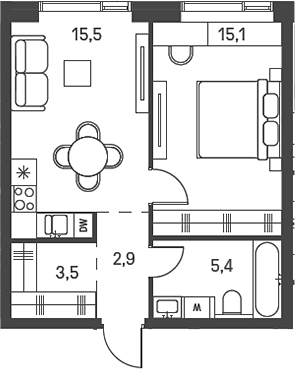 2-комн., 42.4 м², 31/40 этаж, ЖК «Моментс»