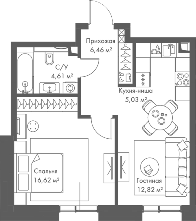 2-комн., 45.54 м², 15/23 этаж, ЖК «МИРА»