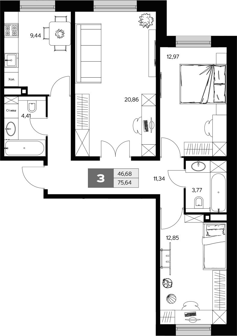 3-комн., 75.64 м², 1/9 этаж, ЖК «Ласточкино»