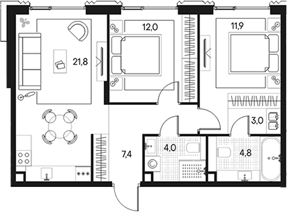 3-комн., 64.9 м², 2/11 этаж, ЖК «Клубный город на реке Примавера»