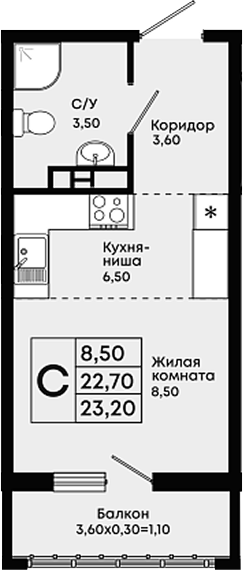 Студия, 22.1 м², 18/18 этаж, ЖК «Премьер»