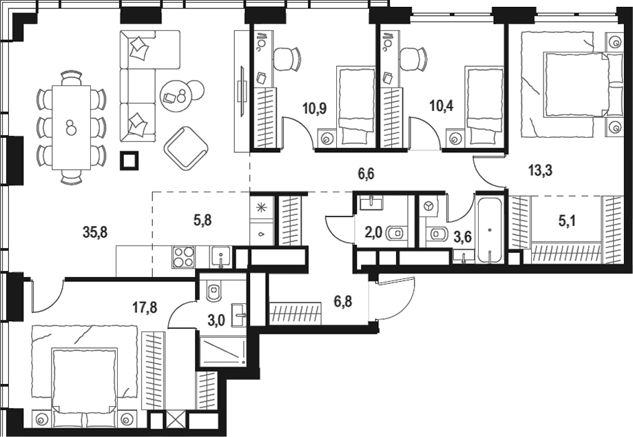 4+ комнаты, 121.1 м², 43/48 этаж, ЖК «Левел Звенигородская»