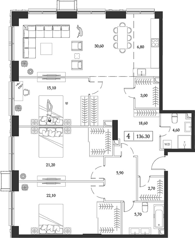 4+ комнаты, 136.3 м², 22/24 этаж, ЖК «Dream Towers»
