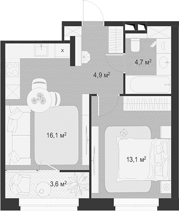 2-комн., 38.8 м², 14/18 этаж, ЖК «Гранд Комфорт»