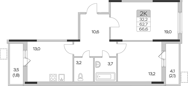 2-комн., 62.7 м², 4/9 этаж, ЖК «Пироговская ривьера. Мытищи»
